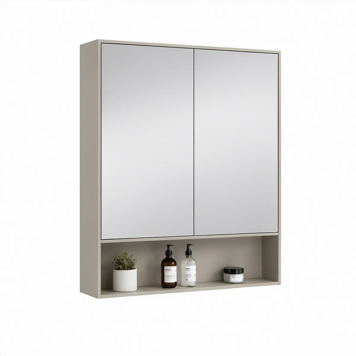 Spiegelschrank Taupe/Silber mit 2 Spiegeltüren und offenem Fach, 60 x 70 x 15 cm