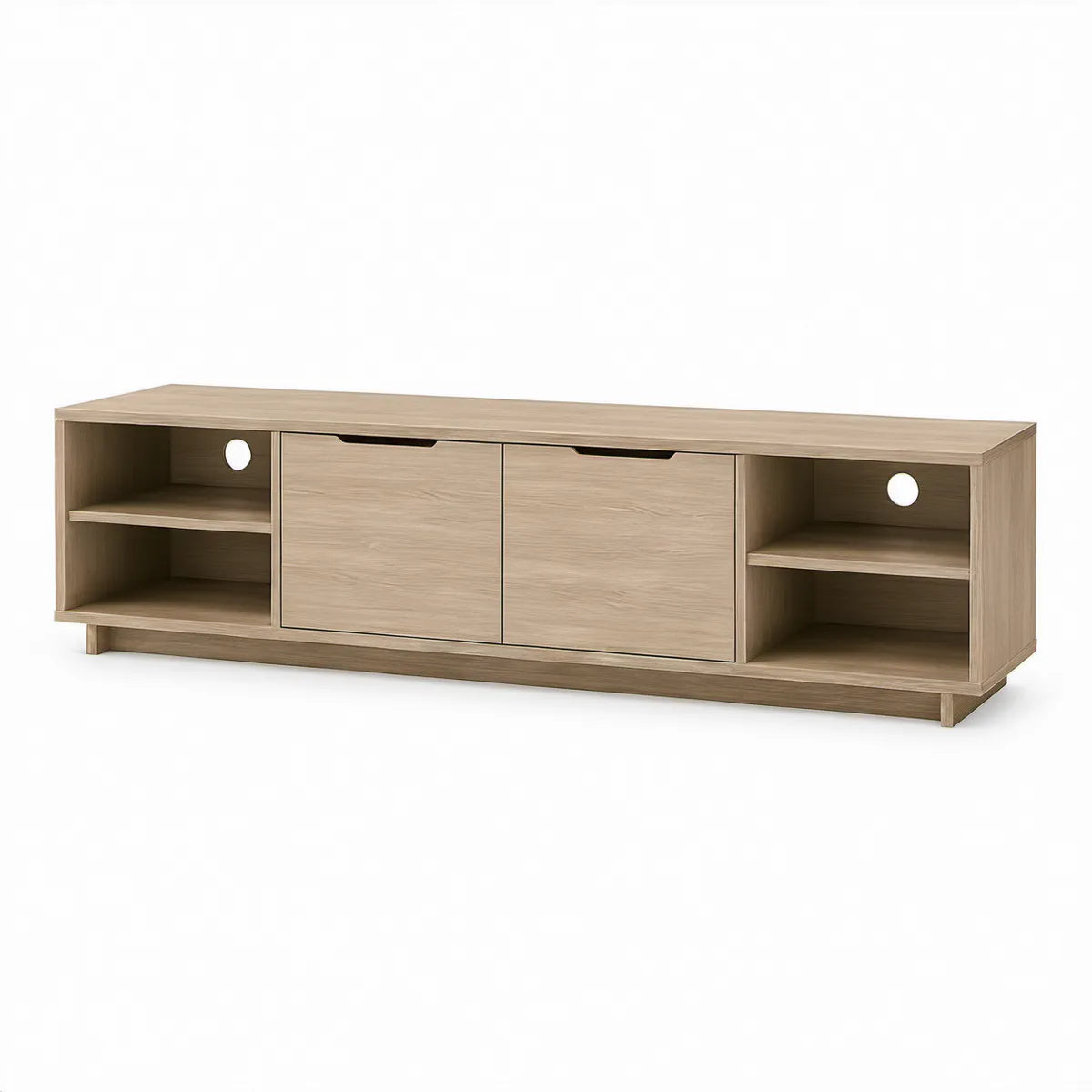 TV-Lowboard aus Spanplatte in Eiche Natur, 180 x 40 x 50 cm, mit 2 Türen und 4 offenen Fächern