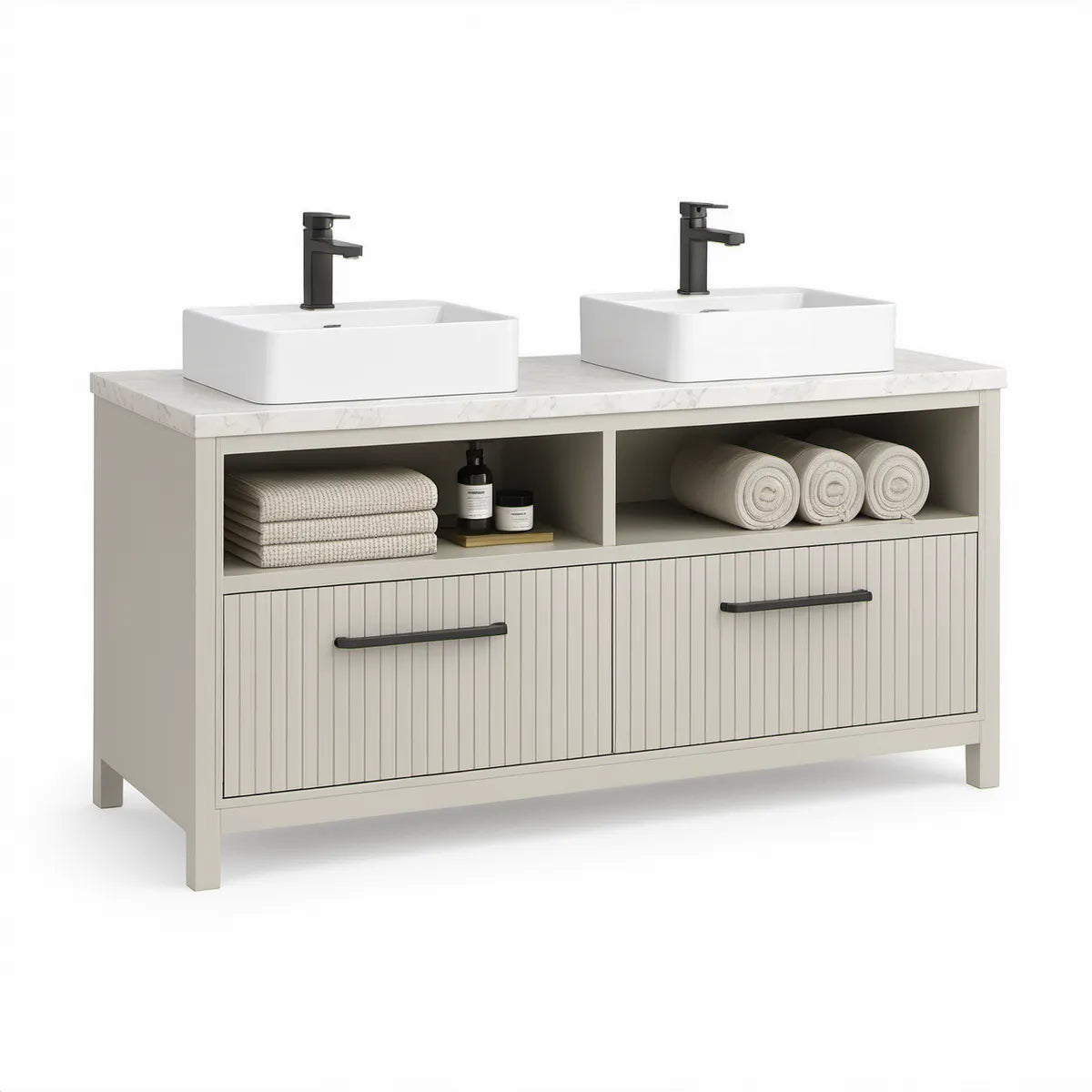 Freistehender Doppelwaschtischunterschrank mit 2 Aufsatzwaschbecken, 120 x 50 x 85 cm, Hellgrau/Weiss/Grau/Schwarz