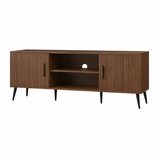 TV-Lowboard 180 x 40 x 60 cm mit 2 geriffelten Türen, Walnussbraun/Schwarz