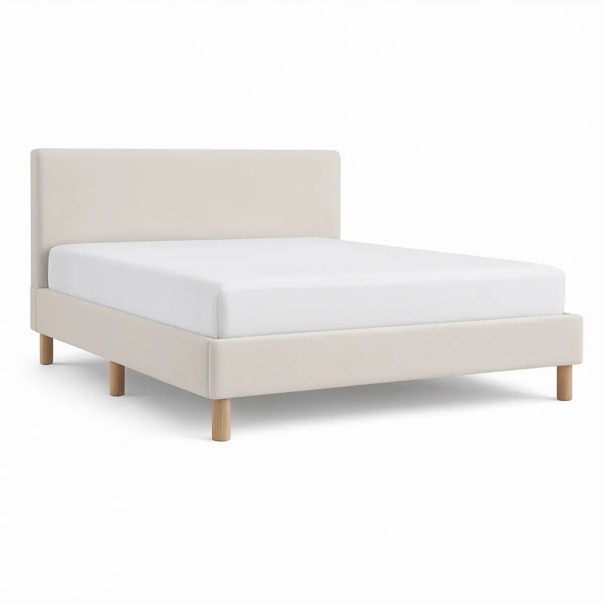 Gepolstertes Bett in Creme mit Naturholzfüssen, Liegefläche 160 x 200 cm