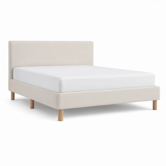 Gepolstertes Bett in Creme mit Naturholzfüssen, Liegefläche 160 x 200 cm