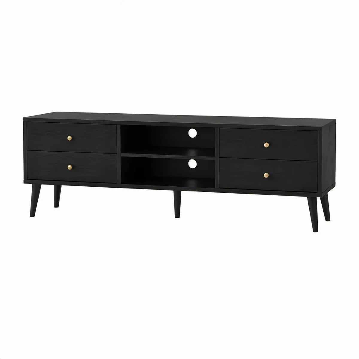TV-Lowboard aus schwarzem MDF mit goldfarbenen Knöpfen, 4 Schubladen und 2 offenen Fächern, 180 x 40 x 60 cm