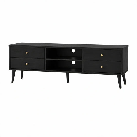 TV-Lowboard aus schwarzem MDF mit goldfarbenen Knöpfen, 4 Schubladen und 2 offenen Fächern, 180 x 40 x 60 cm