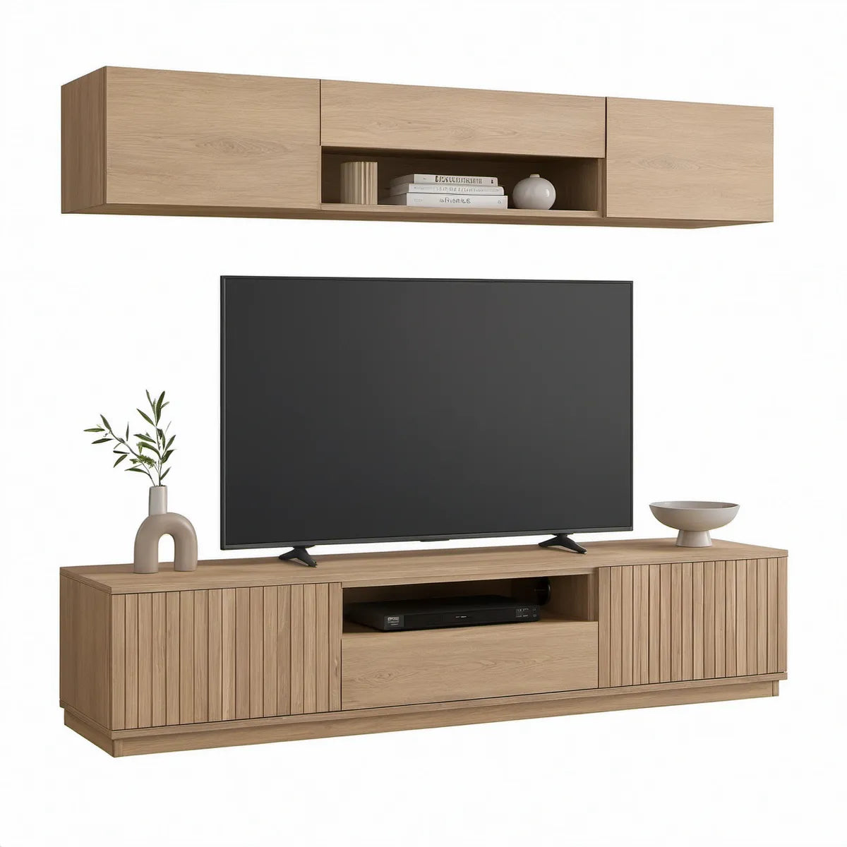 TV-Möbel-Set in heller Eiche mit Lowboard 180 × 40 × 50 cm und Hängeschrank 180 × 30 × 35 cm