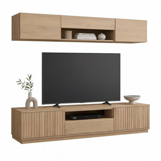 TV-Möbel-Set in heller Eiche mit Lowboard 180 × 40 × 50 cm und Hängeschrank 180 × 30 × 35 cm