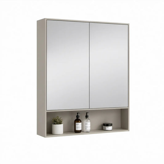 Spiegelschrank Taupe/Silber mit 2 Spiegeltüren und offenem Fach, 60 x 70 x 15 cm