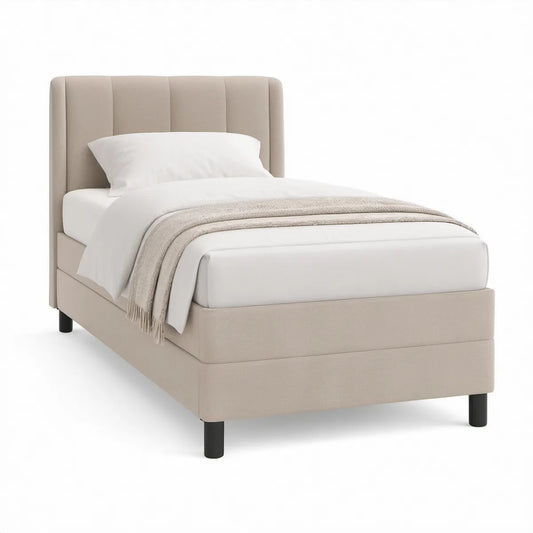 Polsterbett 90 x 200 cm mit gepolstertem Kopfteil, Beige/Schwarz
