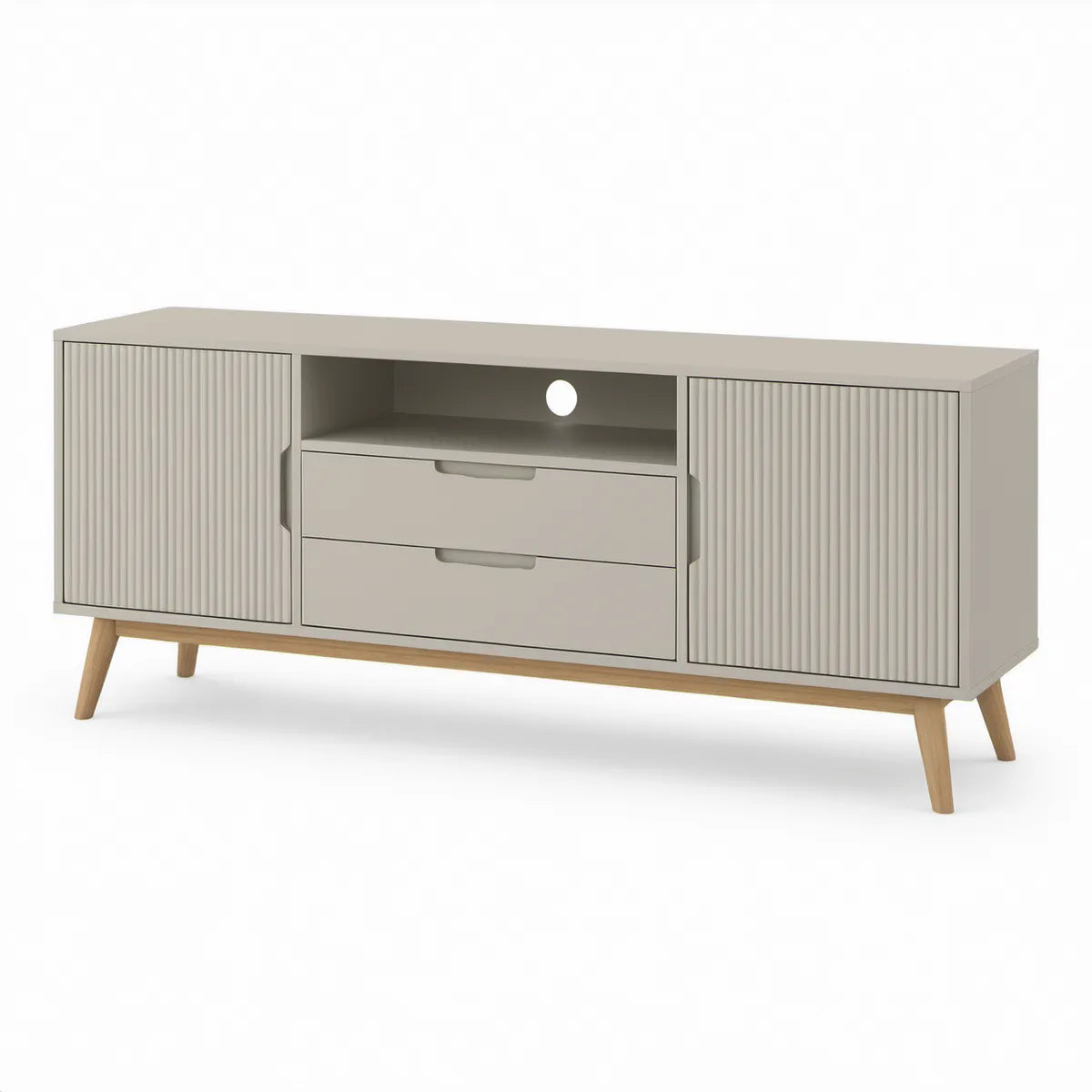 TV-Lowboard 140 x 40 x 60 cm aus MDF und Gummibaum-Massivholz, Taupe/Naturholz