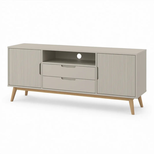TV-Lowboard 140 x 40 x 60 cm aus MDF und Gummibaum-Massivholz, Taupe/Naturholz