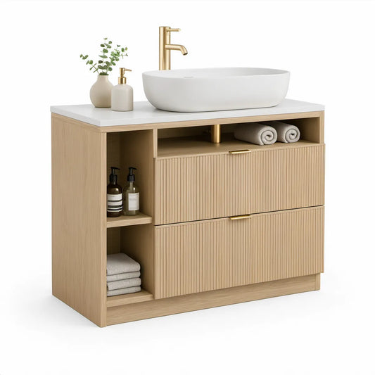 Waschtischunterschrank 80 x 45 x 80 cm in heller Eiche mit goldfarbenen Griffleisten