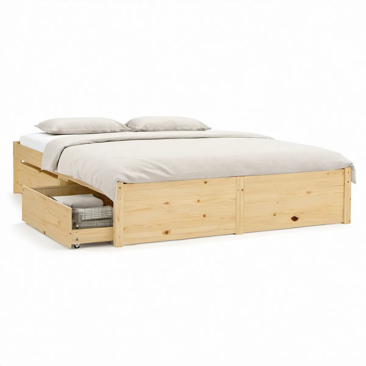 Doppelbett aus massivem Kiefernholz Natur mit 3 Schubladen, Liegefläche 140 x 200 cm