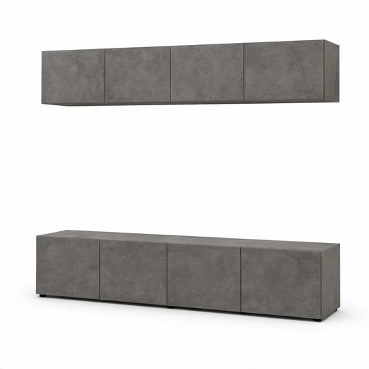TV-Möbel-Set in grauer Betonoptik, 200 x 40 x 50 cm und 200 x 30 x 35 cm