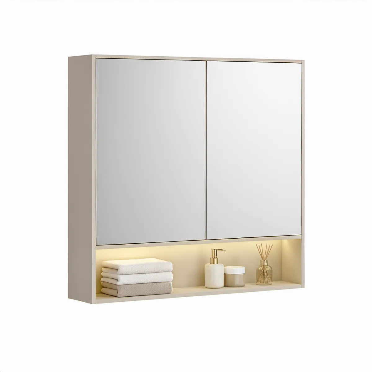 Spiegelschrank mit LED-Beleuchtung, 60 x 15 x 70 cm, Beige/Silber