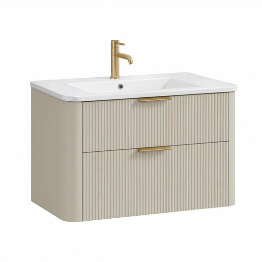Wandhängender Waschtischunterschrank mit Keramikwaschbecken, 80 x 46 x 50 cm, Beige/Weiss/Goldfarben